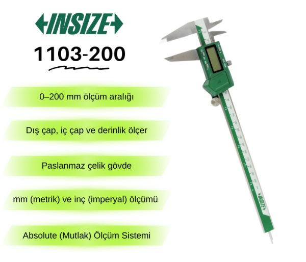 Insize 1103-200 Dijital Kumpas 0–200 mm | 0.01 mm Hassasiyet, LCD Ekran, Absolute