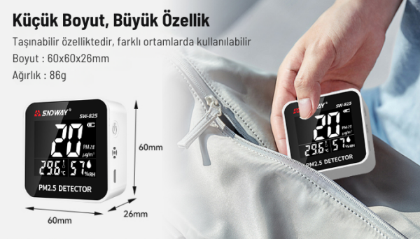Dijital Hava Kalitesi Ölçer SW-825 - PM2.5 Toz ve Partikül Dedektörü, Hassas Isı ve Nem Ölçer