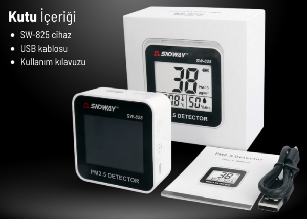 Dijital Hava Kalitesi Ölçer SW-825 - PM2.5 Toz ve Partikül Dedektörü, Hassas Isı ve Nem Ölçer