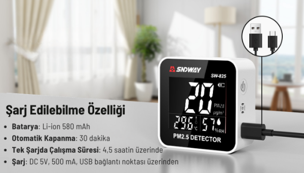 Dijital Hava Kalitesi Ölçer SW-825 - PM2.5 Toz ve Partikül Dedektörü, Hassas Isı ve Nem Ölçer