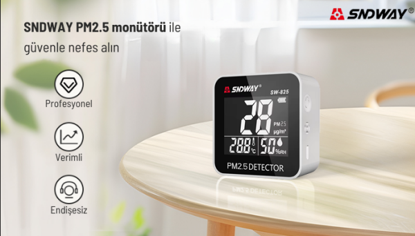 Dijital Hava Kalitesi Ölçer SW-825 - PM2.5 Toz ve Partikül Dedektörü, Hassas Isı ve Nem Ölçer