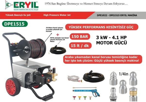 Eryıl DPE1515 Powerjet Yüksek Basınçlı Su Jeti 150 Bar - Kanal Açma ve Araba Yıkama Makinası