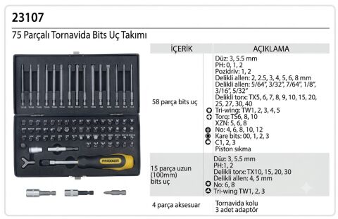 Proxxon 23107 Tornavida Bits Uç Takımı 75 Parçalı