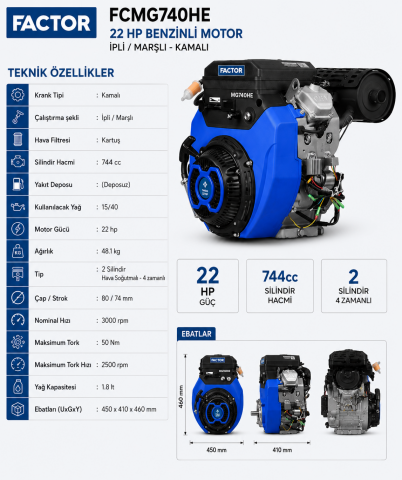 Factor FCMG740HE 22 HP Benzinli Motor | Marşlı, İpli, Kamalı Krank Profesyonel Motor