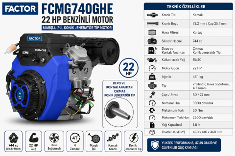 Factor FCMG740GHE 22 HP Benzinli Motor | Marşlı, İpli, Konik Jeneratör Tip Motor