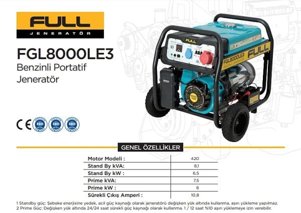 Full FGL8000LE3 Benzinli Jeneratör 8,1 kVA İpli Trifaze