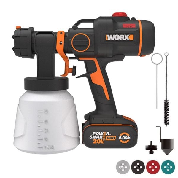 WORX WX020 Li-ion Tek Akülü Şarjlı  Boya Tabancası Devir Ayarlı 20Volt 4.0Ah. + 4 Parça Yedek Nozul/Meme