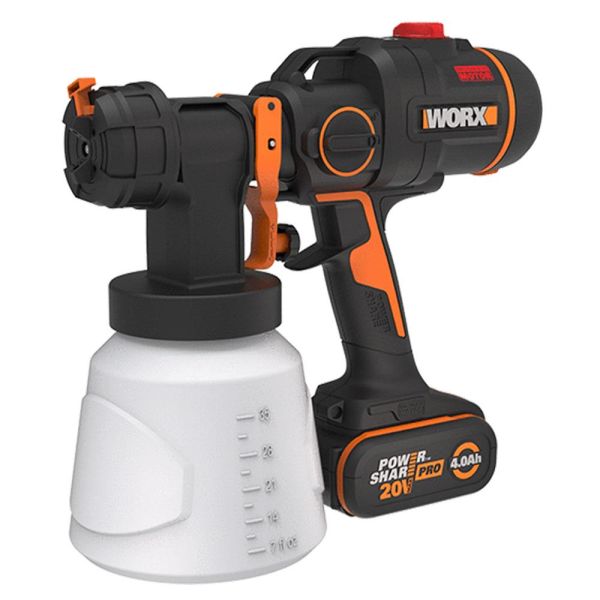 WORX WX020 Li-ion Tek Akülü Şarjlı  Boya Tabancası Devir Ayarlı 20Volt 4.0Ah. + 4 Parça Yedek Nozul/Meme