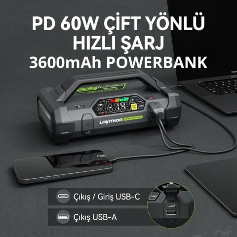 Lokithor JA3000PRO 12V 3000Amp LiFePO4 Akıllı Akü Takviye + Pompa + Powerbank + Led Lamba