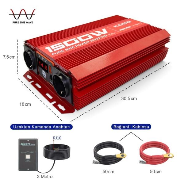 KOBB KBN1500 12V/220V Tam Sinüs Dönüştürücü İnvertör 1500Watt