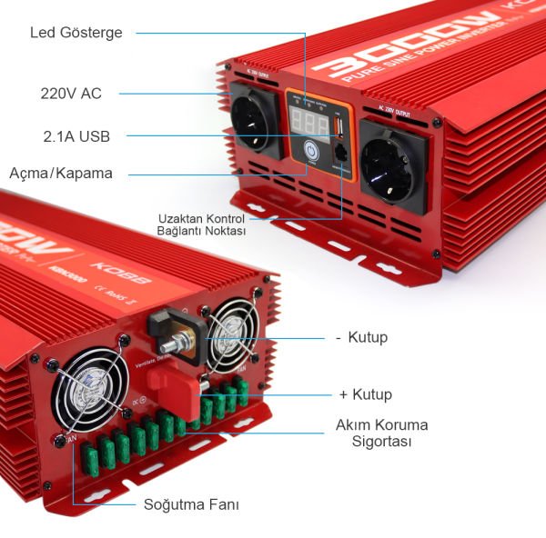 KOBB KBN3000 12V/220V 3000Watt Tam Sinüs Dönüştürücü İnvertör