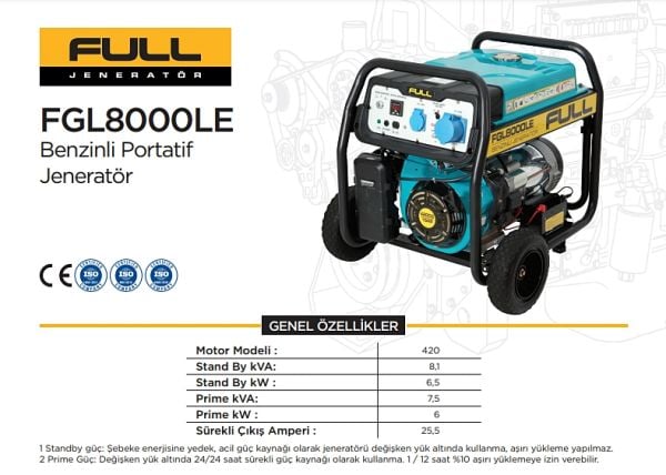 Full FGL8000LE Benzinli Jeneratör 8,1 kVA İpli Monofaze