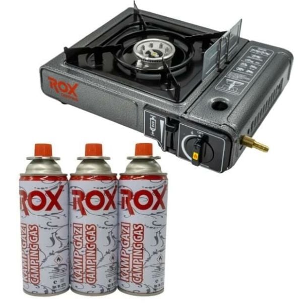 Rox Camping 0103 Tekli Portatif Kamp Ocak(Ekstra Gaz Girişli) - 3 Adet Rox Valfli Kamp Gazı Kartuş 227gr Hediyeli