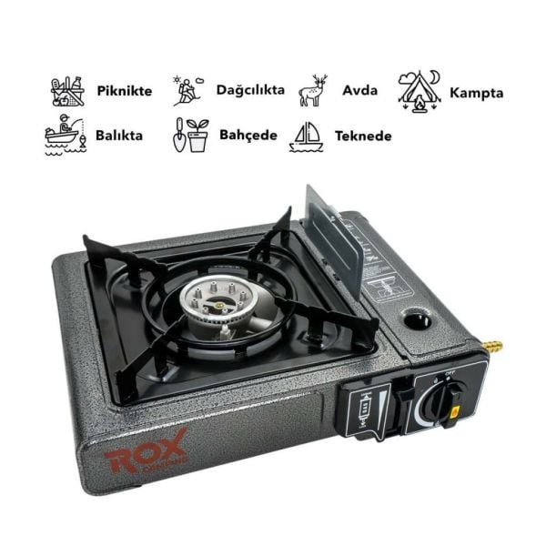 Rox Camping 0103 Tekli Portatif Kamp Ocak(Ekstra Gaz Girişli) - 3 Adet Rox Valfli Kamp Gazı Kartuş 227gr Hediyeli
