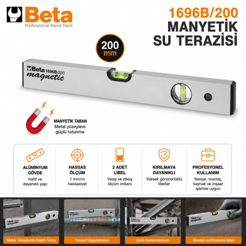 Beta 1696B Manyetik Su Terazisi 200 mm Profesyonel Alüminyum Gövdeli