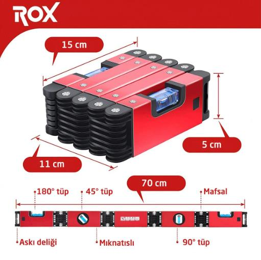 Rox 0176 Profesyonel Mıknatıslı Alüminyum Katlanır Su Terazisi 70 cm