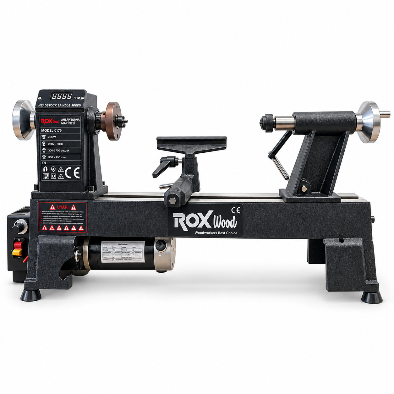 Rox Wood 0179 750 W Devir Ayarlı Ahşap Torna Makinesi – 300×450 mm, 4 Çeneli Aynalı