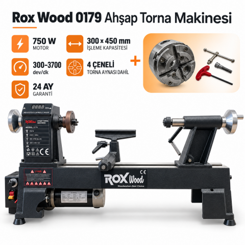 Rox Wood 0179 750 W Devir Ayarlı Ahşap Torna Makinesi – 300×450 mm, 4 Çeneli Aynalı