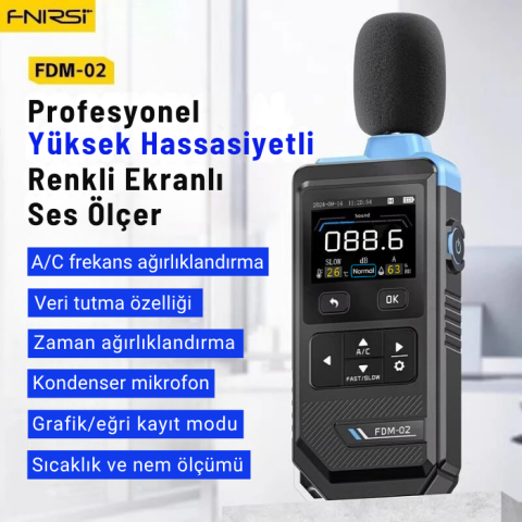 FNIRSI FDM-02 Dijital Desibel Ölçer | Renkli Ekran, Sıcaklık ve Nem Ölçer
