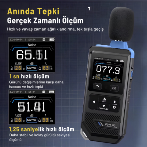 FNIRSI FDM-02 Dijital Desibel Ölçer | Renkli Ekran, Sıcaklık ve Nem Ölçer