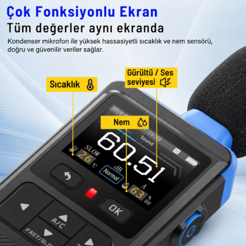 FNIRSI FDM-02 Dijital Desibel Ölçer | Renkli Ekran, Sıcaklık ve Nem Ölçer
