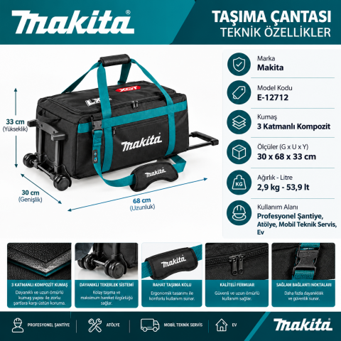 Makita E-12712 Tekerlekli Bez Alet Çantası 30x68x33 cm – Büyük Boy Taşıma Çantası