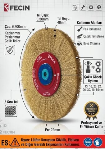 Fecin 152005BGME 200 mm Daire Tip Paslanmaz Çelik Tel Fırça