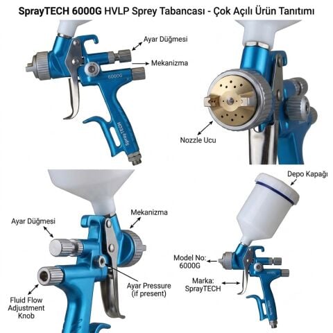 SPRAYTECH 6000G Üst Depo Boya Tabancası 1.3 mm – Profesyonel Havalı Boya Püskürtme Tabancası