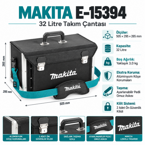 Makita E-15394 Güçlendirilmiş Endüstriyel Takım ve Alet Taşıma Çantası 505x295x265 mm