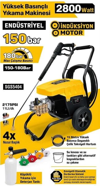 SGS SGS5404 Endüstriyel Basınçlı Yıkama Makinesi 2800W | 150 Bar İndüksiyon Motorlu Profesyonel Yıkayıcı