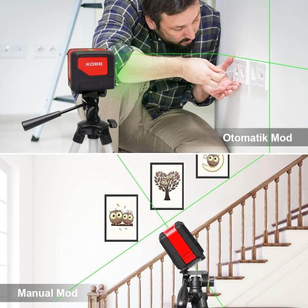 KOBB KBL92G Yatay ve Dikey Otomatik Hizalamalı Yeşil Çapraz Çizgi Lazer, 2 Noktalı Şakül Lazer Distomat + Mini Tripod