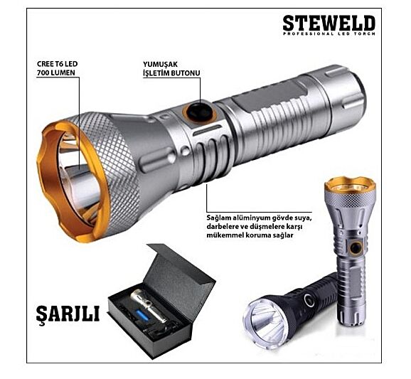 Steweld STW-608S Gri Şarjlı LED El Feneri 700 Lm
