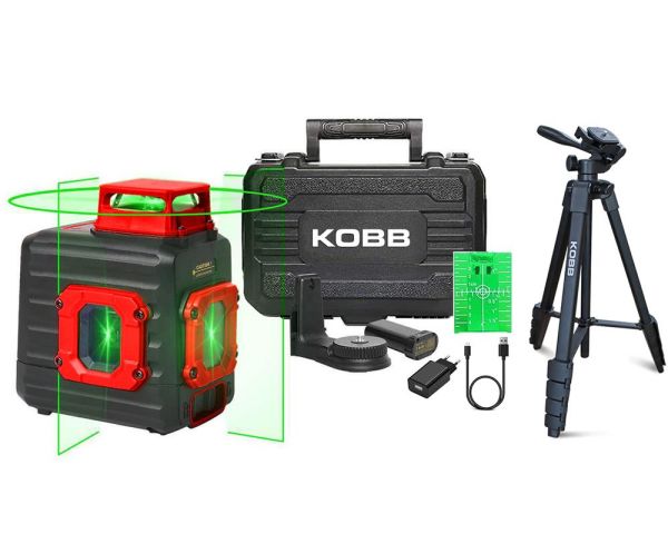 KOBB KBL33GTP Şarjlı 2x90⁰/360⁰ Otomatik Hizalamalı Yeşil Çapraz Çizgi Lazer Distomat 40 Mt + Tripod