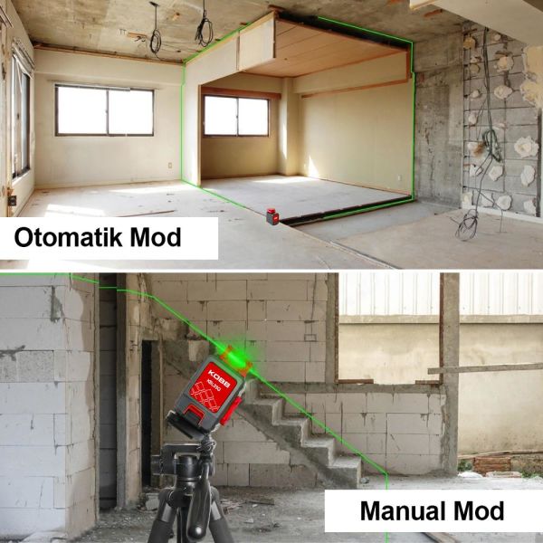 KOBB KBL33GTP Şarjlı 2x90⁰/360⁰ Otomatik Hizalamalı Yeşil Çapraz Çizgi Lazer Distomat 40 Mt + Tripod