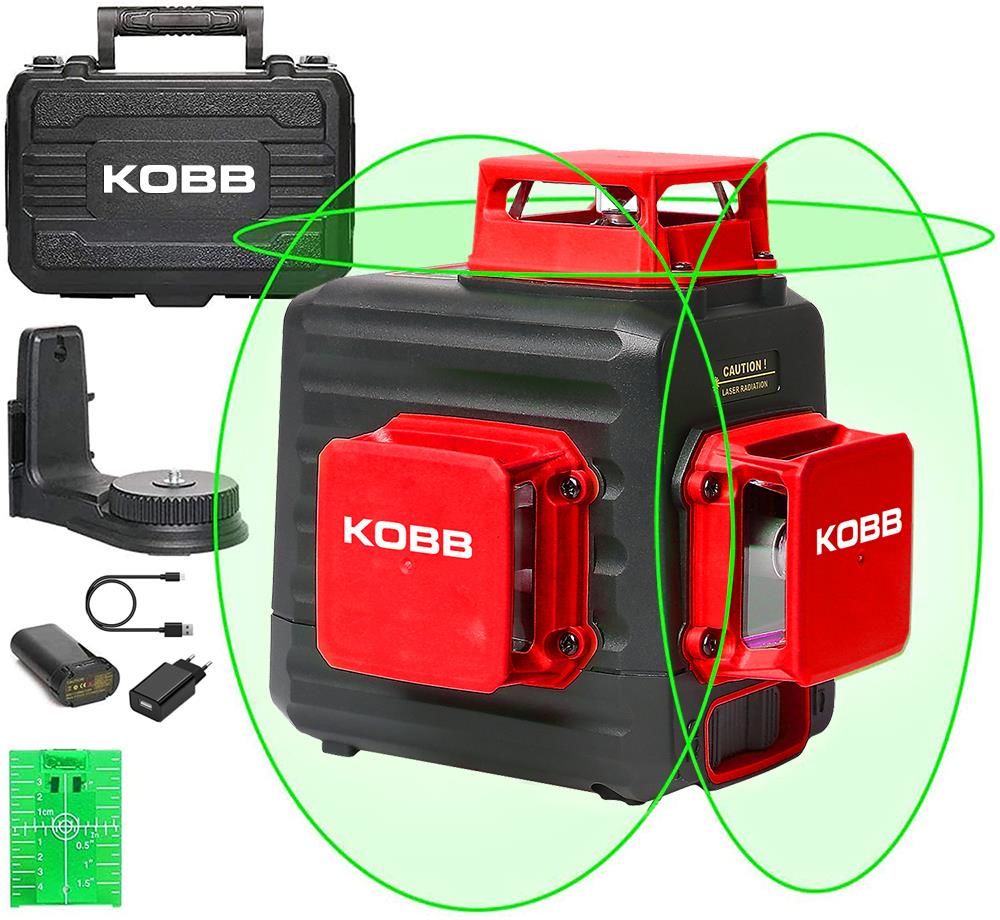 KOBB KBL34G Şarjlı 3X360⁰ Otomatik Hizalamalı Yeşil Çapraz Çizgi Lazer Distomat 40 Mt