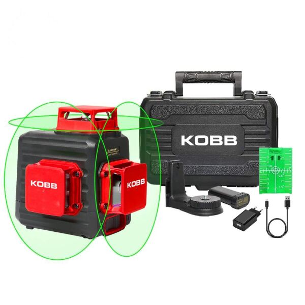 KOBB KBL34G Şarjlı 3X360⁰ Otomatik Hizalamalı Yeşil Çapraz Çizgi Lazer Distomat 40 Mt