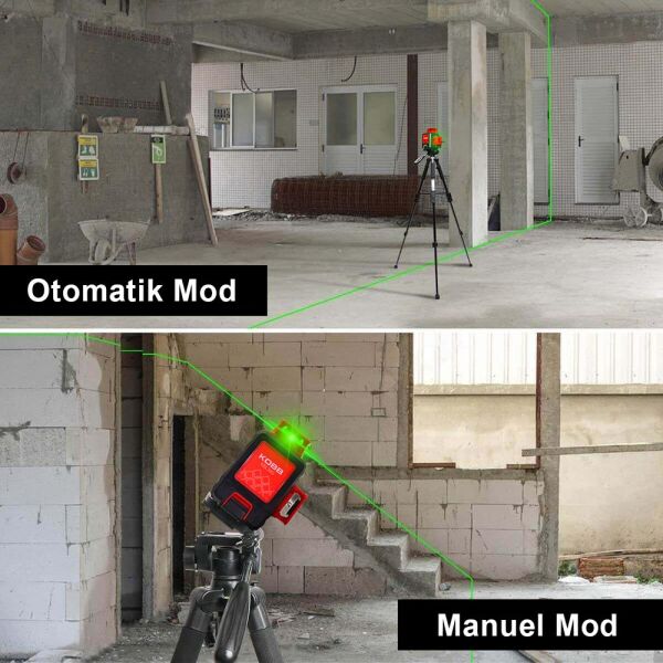 KOBB KBL34G Şarjlı 3X360⁰ Otomatik Hizalamalı Yeşil Çapraz Çizgi Lazer Distomat 40 Mt