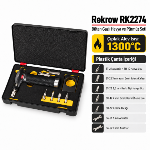 Rekrow RK2274 Bütan Gazlı Havya ve Pürmüz Seti 9 Parça