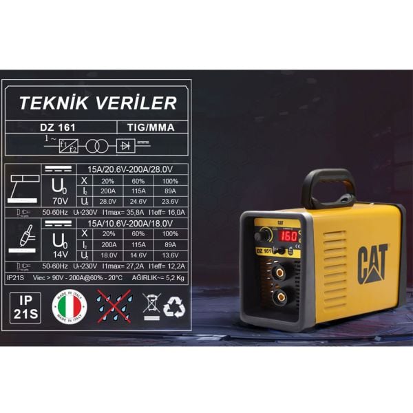 CAT DZ161T TIG LIFT/MMA Çanta Tipi  Dijital İnverter Kaynak Makinesi 160 Amper  + CAT DX37 Avuç Taşlama