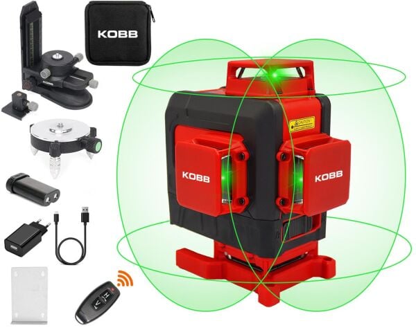 KOBB KBL35G Şarjlı 4X360⁰ Otomatik Hizalamalı Yeşil Çapraz Çizgi Lazer Distomat + Uzaktan Kumanda