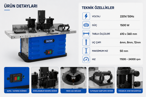 Factor FCWF50 Tezgah Freze Makinesi 50 mm 1500W – Profesyonel Ahşap Freze Tezgahı