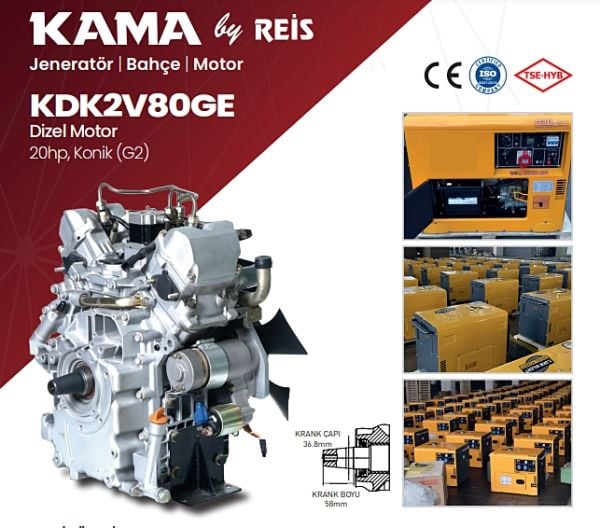Kama By Reis KDK2V80GE Dizel Motor 20Hp Marşlı Konik