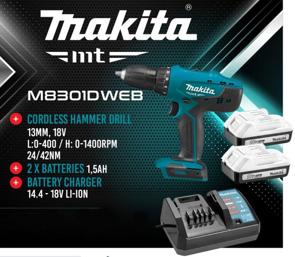 Makita MT M8301DWEB Li-İon Çift Akülü Şarjlı Darbeli Matkap 18V/1.5 Ah