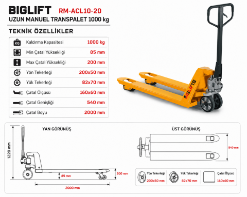 Biglift RM-ACL10-20 Uzun Manuel Transpalet 1000 kg 2000 mm | Profesyonel Palet Taşıma Arabası