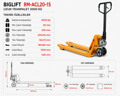 Biglift RM-ACL20-15 Uzun Manuel Transpalet 2000 kg 1500 mm | Profesyonel Palet Taşıma Arabası