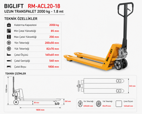 Biglift RM-ACL20-18 Uzun Manuel Transpalet 2000 kg 1800 mm | Profesyonel Palet Taşıma Arabası