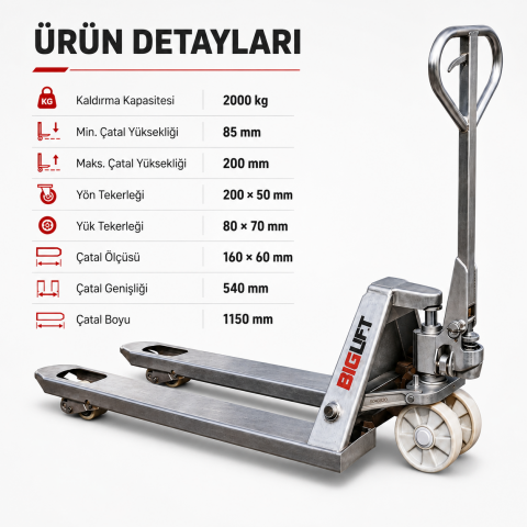 Biglift RM-ACS20H Paslanmaz Polyamid Tekerlekli Transpalet 2000 kg.