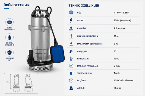 Factor QDX3-30-11W Alüminyum Gövdeli Dalgıç Tip Temiz Su Pompası 1.5 Hp