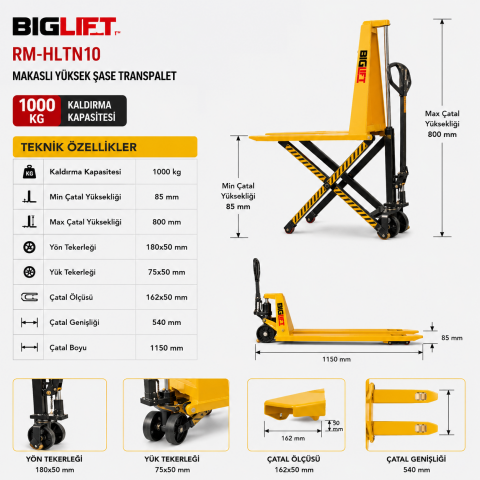 Biglift RM-HLTN10 Makaslı Yüksek Şase Transpalet 1000 kg.