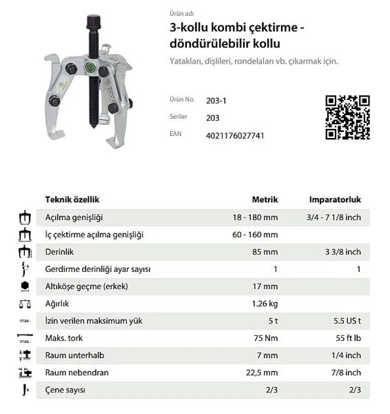 Kukko 203-1 Üç Kollu Kombine Çektirme 180-160 mm
